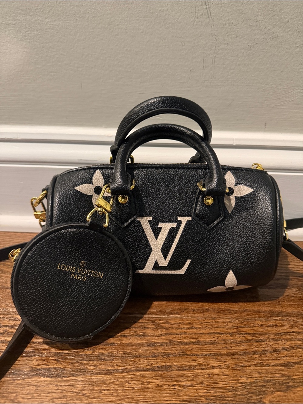 Black and Cream Monogram Mini Bowling Bag with Coin Purse